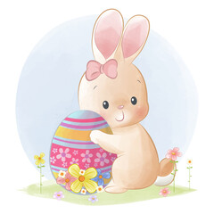 Cute bunny holding easter egg illustration