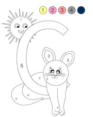 Coloring book alphabet with animals. ABC coloring book for kids with numbers. C is for a cat.