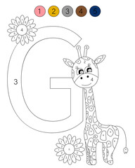 Coloring book alphabet with animals. ABC coloring page for kids with numbers. G is for giraffe.