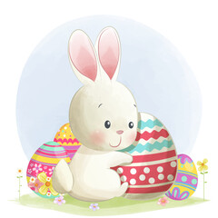 Cute little bunny holding a big easter egg