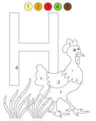 Coloring book alphabet with animals. ABC coloring page for kids with numbers. H is for the hen.