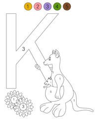 Coloring book alphabet with animals. ABC coloring page for kids with numbers. K is for a kangaroo.