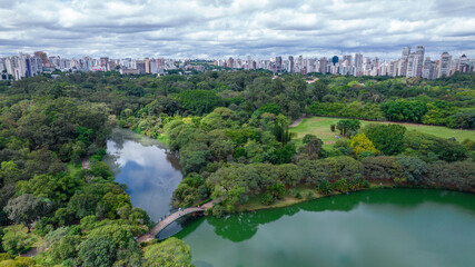 Aerial view of Ibirapuera Park in São Paulo, SP. Residential buildings around. Lake in Ibirapuera...