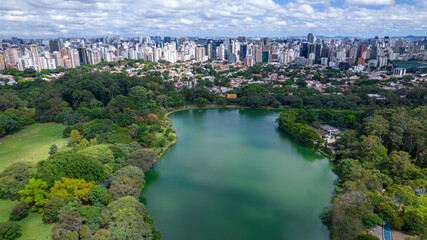 Aerial view of Ibirapuera Park in São Paulo, SP. Residential buildings around. Lake in Ibirapuera...