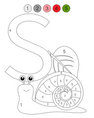 Coloring book alphabet with animals. ABC coloring page for kids with numbers. S is for the snail.