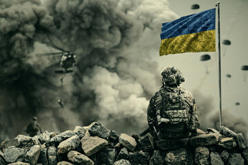Military helicopter and forces in destroyed city and soldiers are in flight with a parachute and one 