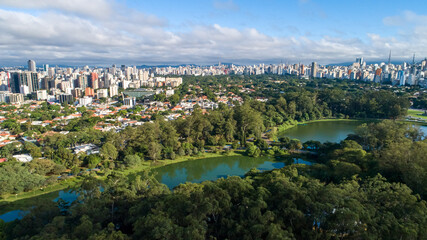Aerial view of Ibirapuera Park in São Paulo, SP. Residential buildings around. Lake in Ibirapuera...