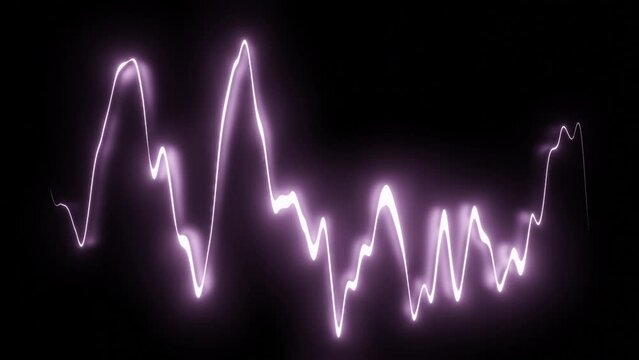 Glowing line oscillates on black background. Design. Bright neon line pulsates with musical frequency. Moving line of sound equalizer or spectrogram