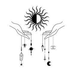 Mystical witch hands holding the Sun isolated clipart on white, Boho celestial composition with hands, moon, planet, sun, magic space objects - black and white vector