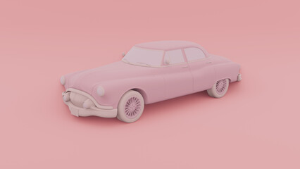 Monochrome minimalist concept. Perspective view and old vintage pink car floats on pastel background. cartoon style. 3d rendering