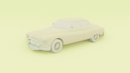 Monochrome minimalist concept. Perspective view and old vintage yellow car floats on pastel background. cartoon style. 3d rendering