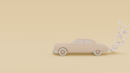Fototapeta na wymiar Banner with a passenger white monochrome retro car with an exhaust gas in a cartoon style. Isolated on a yellowbackground. 3D rendering.