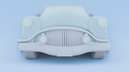 Monochrome minimalist concept. Front view and vintage blue car floats on pastel background. cartoon style. 3d rendering