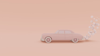 Monochrome Banner with a passenger retro car with an exhaust gas in a cartoon style. Isolated on a pink background. 3D rendering