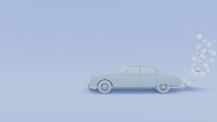 Monochrome Banner with a passenger retro car with an exhaust gas in a cartoon style. Isolated on a blue background. 3D rendering