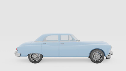 Monochrome minimalist concept. Side view and old vintage blue car floats on white background. cartoon style. 3d rendering