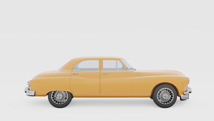 Monochrome minimalist concept. Side view and old vintage yellow car floats on white background. cartoon style. 3d rendering