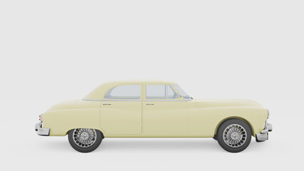 Monochrome minimalist concept. Side view and old vintage yellow car floats on white background. cartoon style. 3d rendering