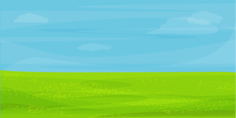 Green plain, field. Blue sky. Background, banner.