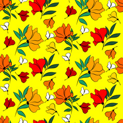 Obraz premium Vector seamless half-drop pattern, with leaves and flowers