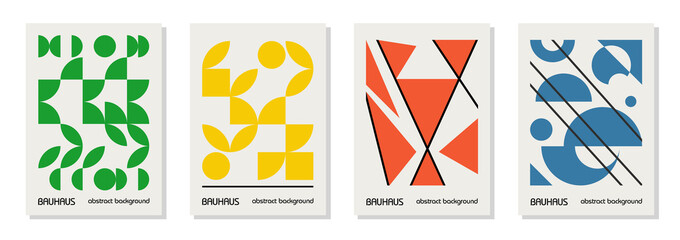 Set of 4 minimal vintage 20s geometric design posters, wall art, template, layout with primitive shapes elements. Bauhaus retro pattern background, vector abstract circle, triangle and square line art - obrazy, fototapety, plakaty