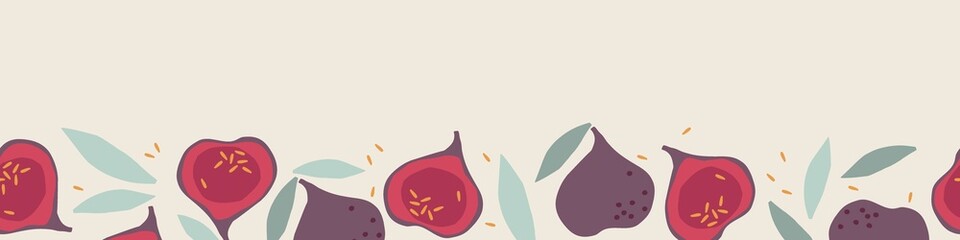 Seamless fig border. Fruits with leaf hand drawn sketch isolated. Whole fruit and cut half. Silhouette vector illustration for wallpaper. Food template for menu, juice label, nursery design.