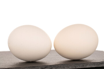 Two white chicken eggs on a slate stone, macro, isolated on a white background.