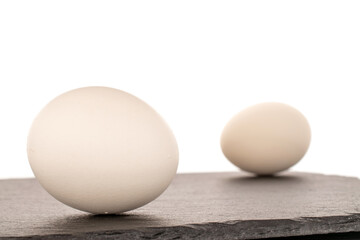 Two white chicken eggs on a slate stone, macro, isolated on a white background.