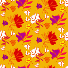 Vector seamless half-drop pattern, with leaves and flowers