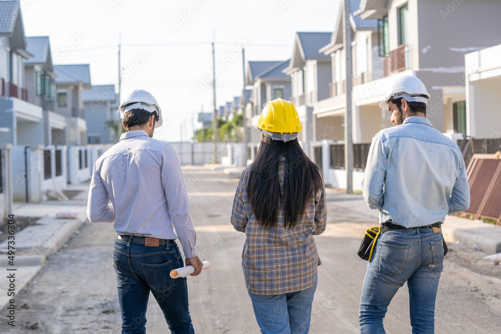 Aufkleber architect and engineer discussing planning for a building a new home at construction site,architect 