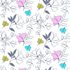 Fototapeta premium Vector seamless half-drop pattern, with leaves and flowers