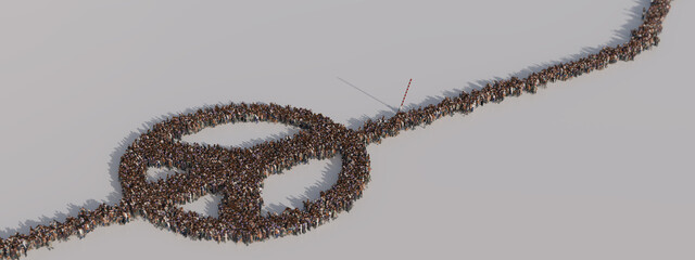 A stream of refugees forming a peace symbol behind the border. Freedom and peace in a new country. 3D illustration
