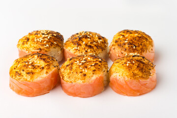 Rolls on a white background, rolls and sushi, sushi with different fillings