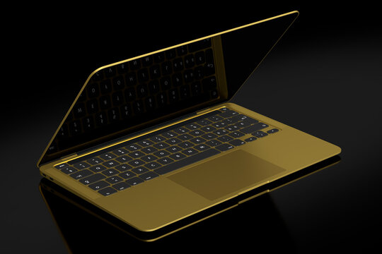 Realistic aluminum laptop with empty white screen isolated on black background.