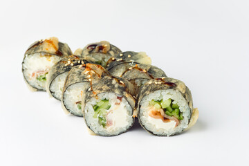Rolls on a white background, rolls and sushi, sushi with different fillings