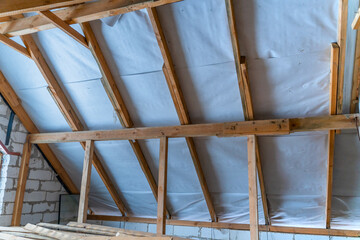 Insulated roof close-up. Hydrobarrier joints. roof rafters
