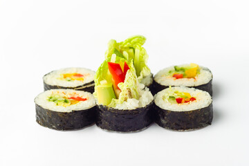 Rolls on a white background, rolls and sushi, sushi with different fillings