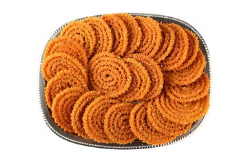 Traditional Indian Diwali snacks Chakali,murukku, Indian Traditional Tea Time Snack Chakli, a deep fried snack, It is known as Chakali, Murukku, Muruku, Murkoo, Chakri