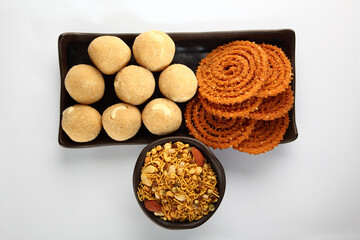 Diwali festival snacks or diwali food or diwali sweets ,diwali snacks chakali or chakli, laddu 