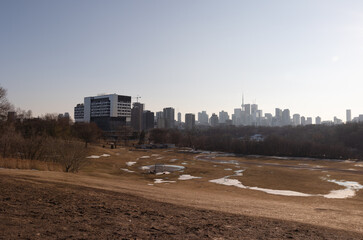 The view of Toronto city from Riverdale Park in Winter in Ontario Canada
