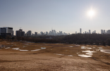 The view of Toronto city from Riverdale Park in Winter in Ontario Canada