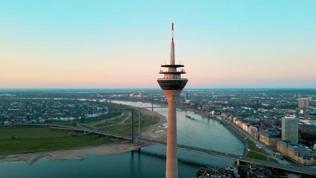 Bird's eye view of Rhine tower and Dusseldorf old town in the background