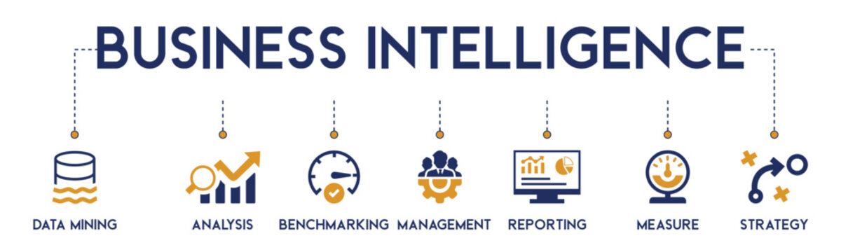 Banner Business intelligence vector illustration concept with the icon of data mining, analysis, benchmarking, management, reporting, measure and strategy. 