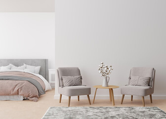 Empty white wall in modern and cozy bedroom. Mock up interior in minimalist, contemporary style. Free, copy space for your picture, text, or another design. Bed, armchairs, cotton plant. 3D rendering.