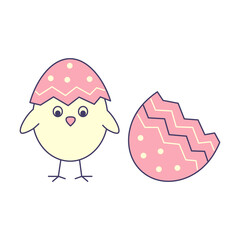 Vector illustration of pink Easter egg and little chicken inside.