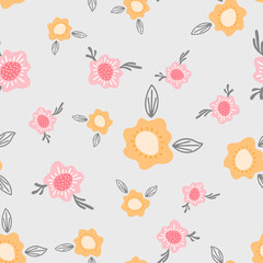 Flowers seamless pattern. Scandinavian style background. Vector illustration for fabric design, gift paper, baby clothes, textiles, cards.