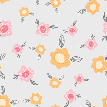 Flowers seamless pattern. Scandinavian style background. Vector illustration for fabric design, gift paper, baby clothes, textiles, cards.