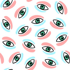 Seamless pattern with eyes on white background. Flar vector illustration. Texture for print, fabric, design.