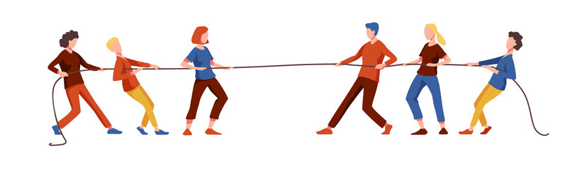 Male and female characters: tug of war competition, battle for leadership, business contest, rivalry, challenge concept. Vector corporate rivalry and conflict in cartoon style. - obrazy, fototapety, plakaty