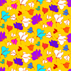 Vector seamless half-drop pattern, with leaves and flowers